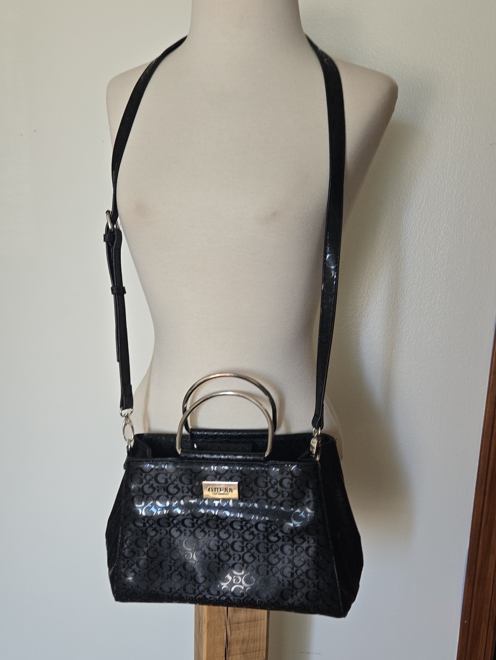 GUESS Black Patent Logo Satchel with Gold Accents